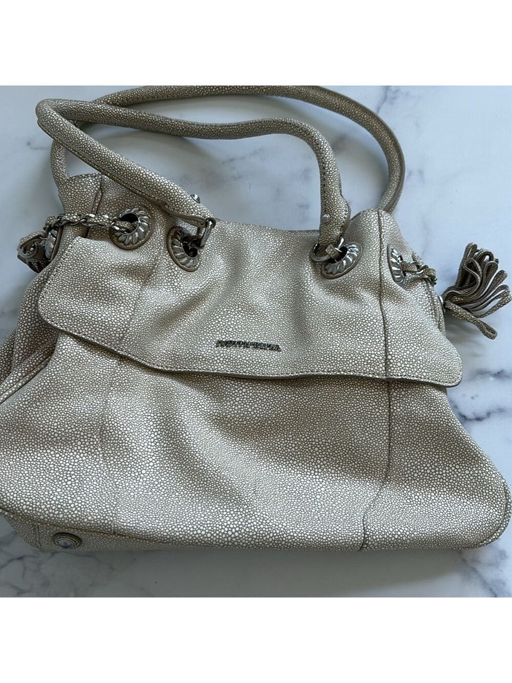 Judith Ripka Stingray Print Embossed Leather Shoulder Bag Off White